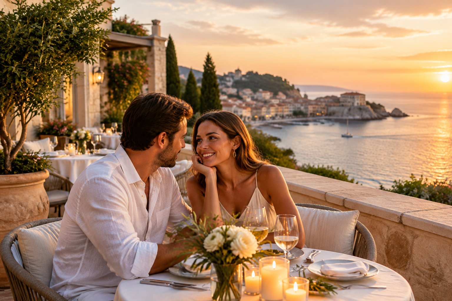 A couple shares a candlelit dinner on a terrace overlooking the Mediterranean.