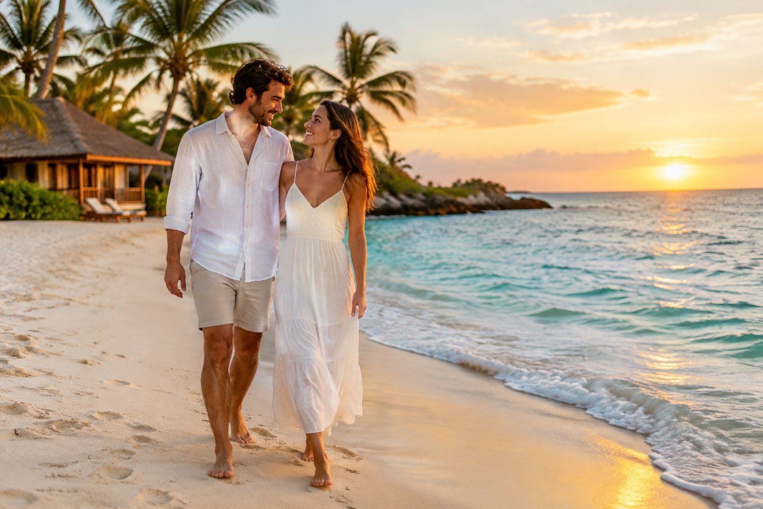 A newlywed couple walks together along a tropical beach near sunset.