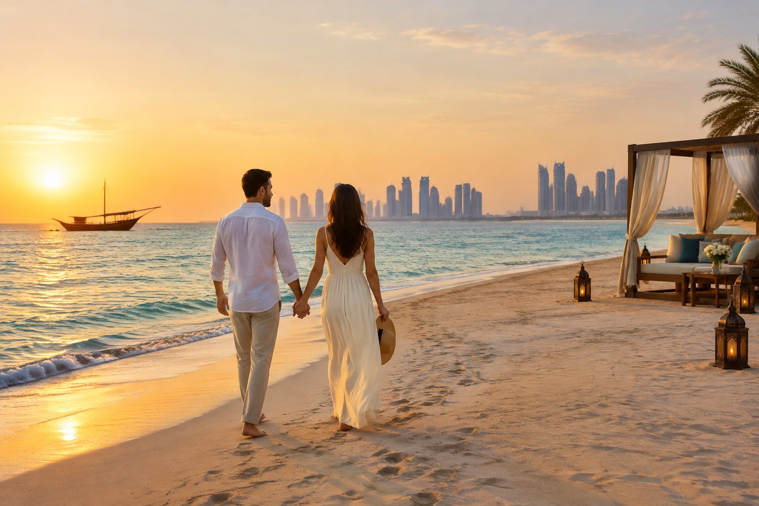 A couple walks hand in hand along a beach in Qatar at sunset.