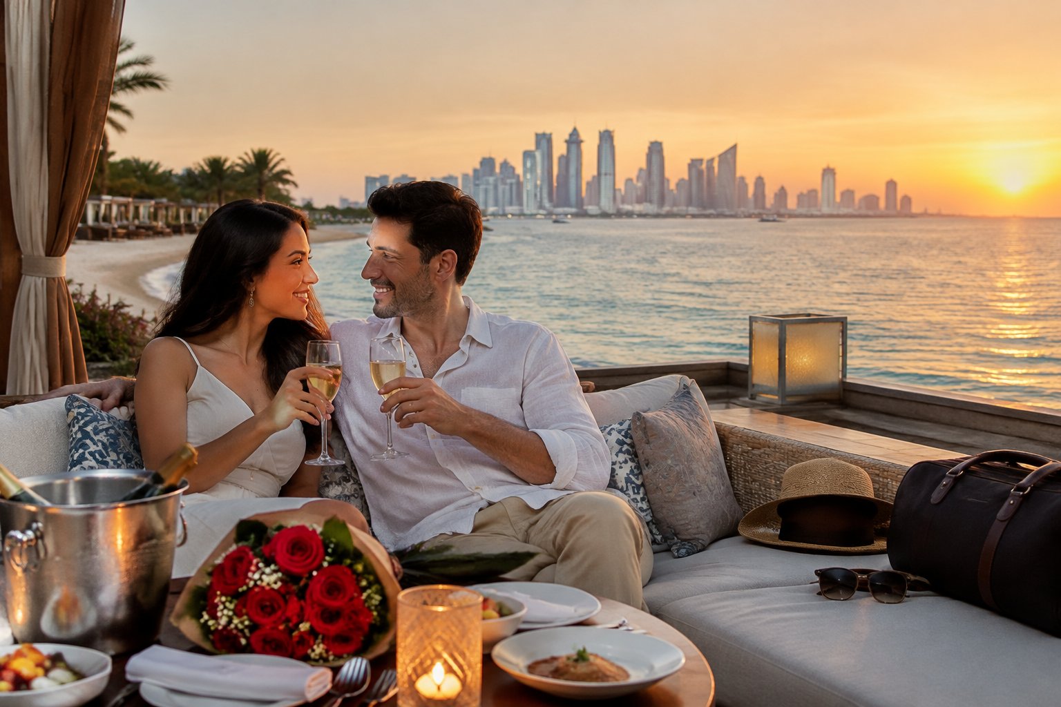 A newlywed couple shares a romantic dinner on a beachfront terrace in Qatar.