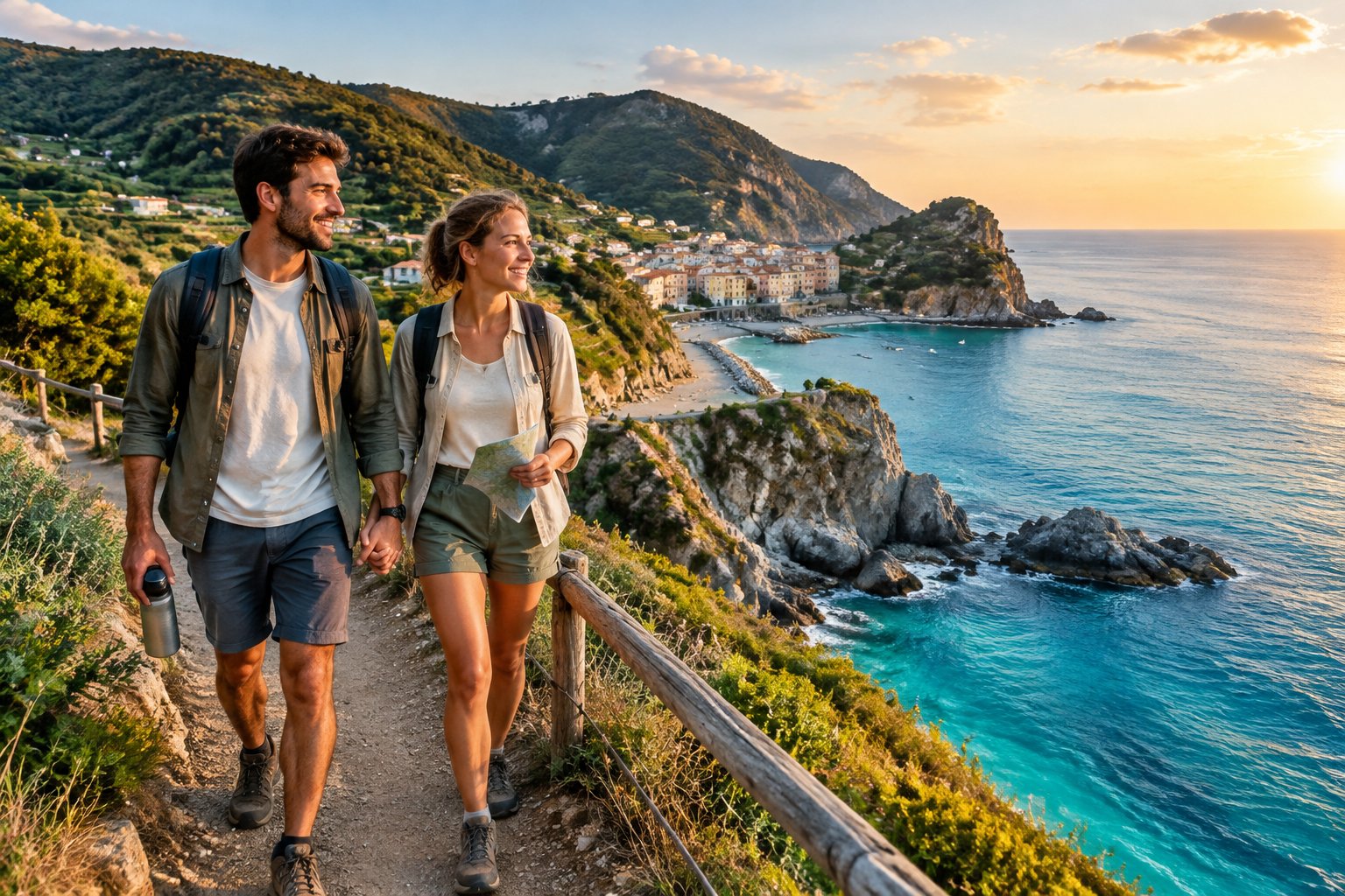 A couple walks hand in hand along a coastal trail overlooking the sea.
