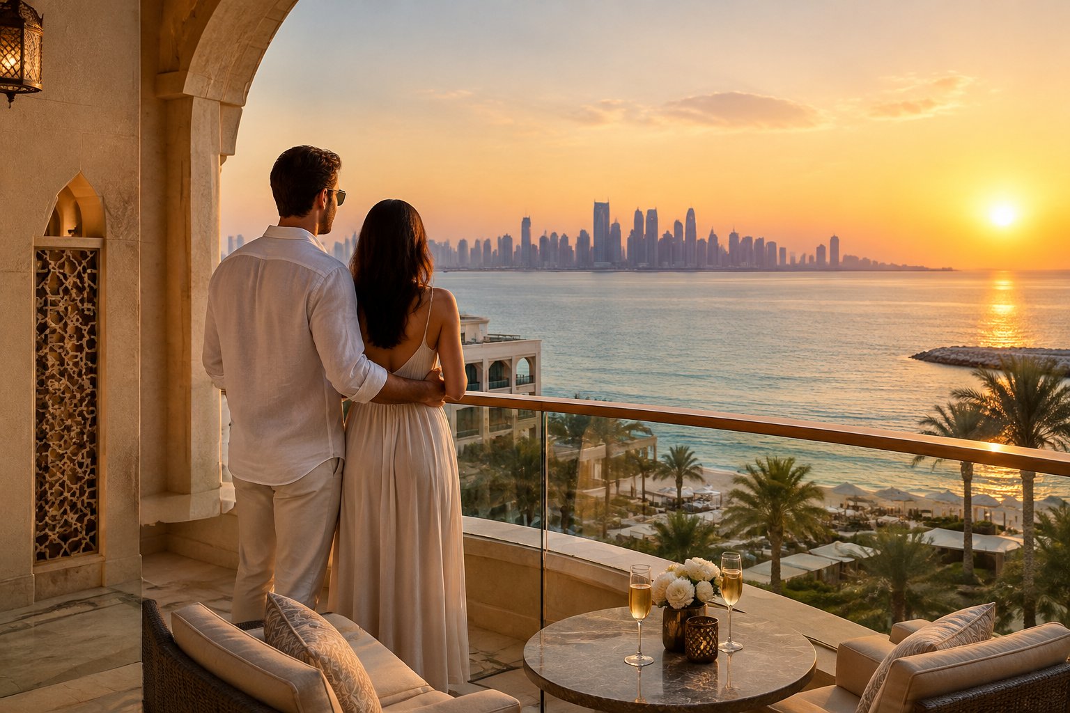A couple stands on a resort balcony overlooking the Gulf at sunset.