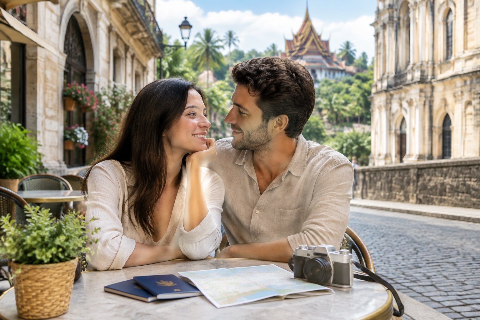 A newlywed couple shares a moment at a café with European and Asian landmarks in view.