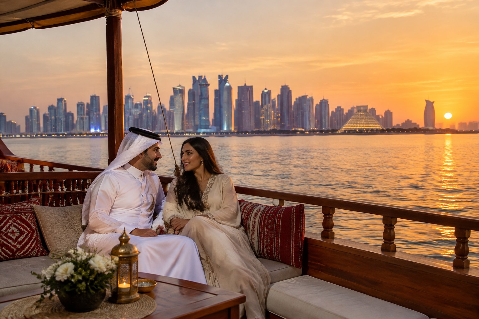 A newly married couple relaxes on a dhow boat at sunset, with Doha’s skyline across the water.