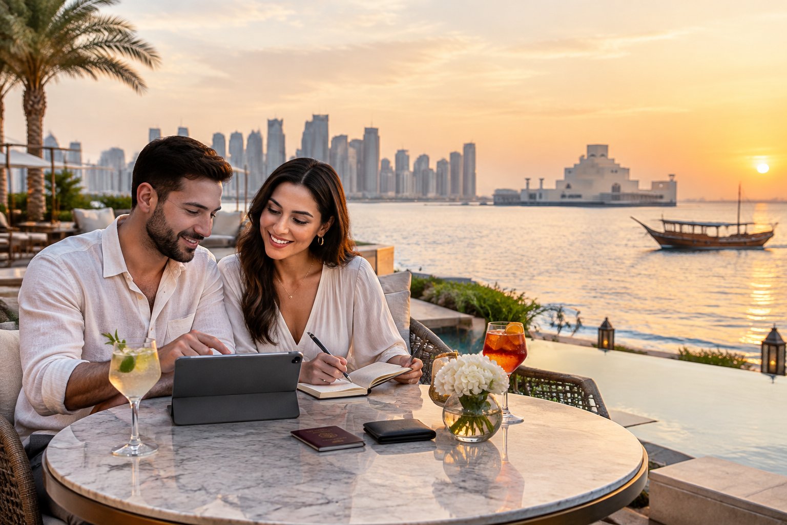 A couple reviews travel plans together at a café overlooking Doha’s waterfront.