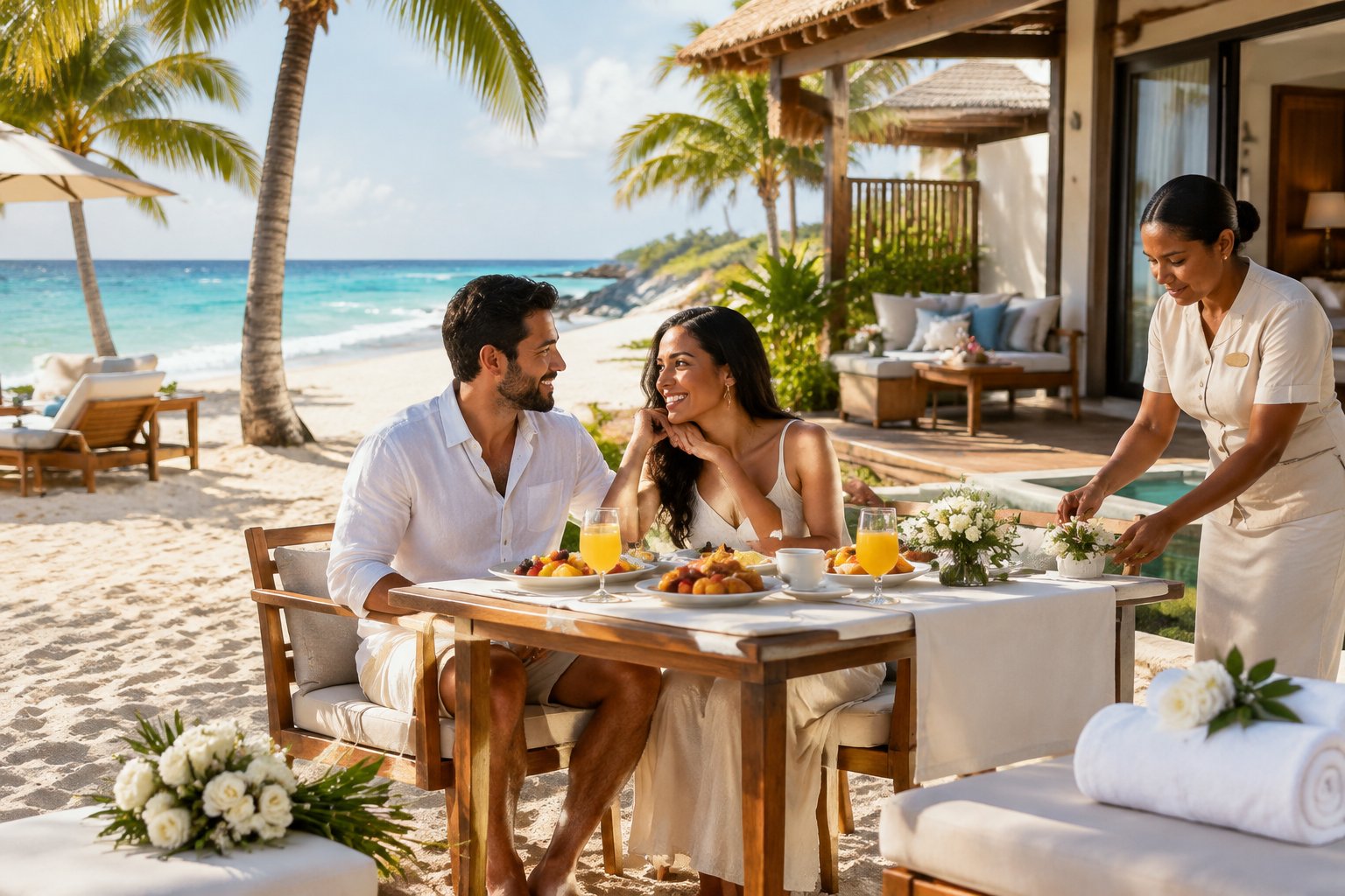 A newlywed couple shares breakfast at a beachfront table in Riviera Maya.