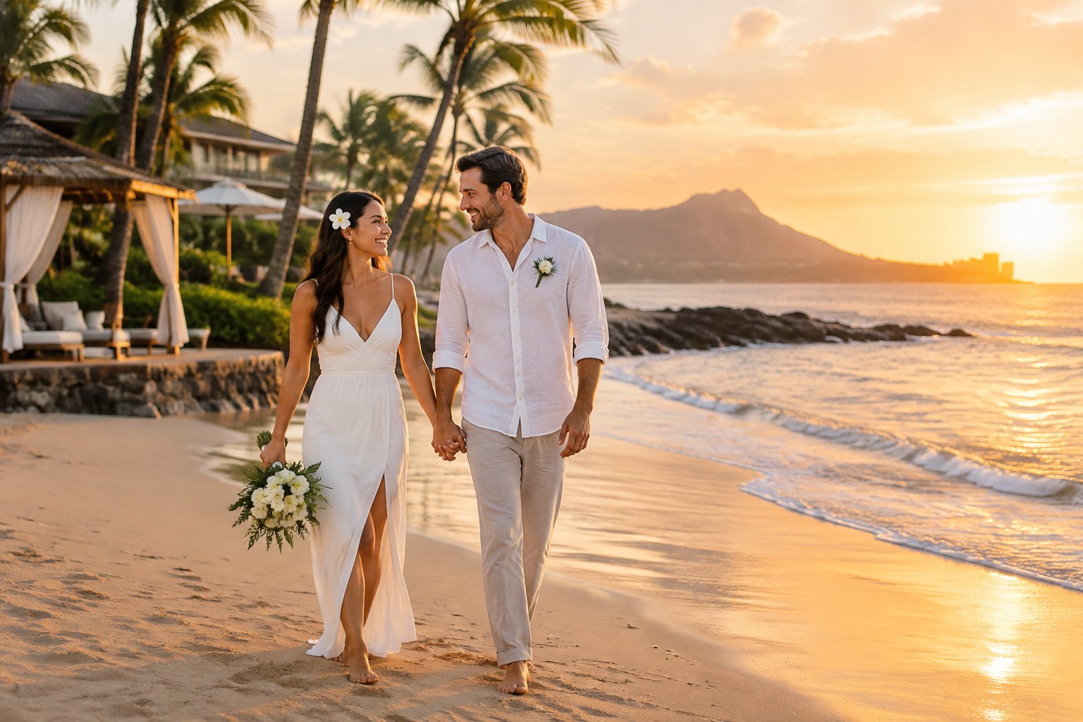 A newlywed couple walks hand in hand along a tropical beach.