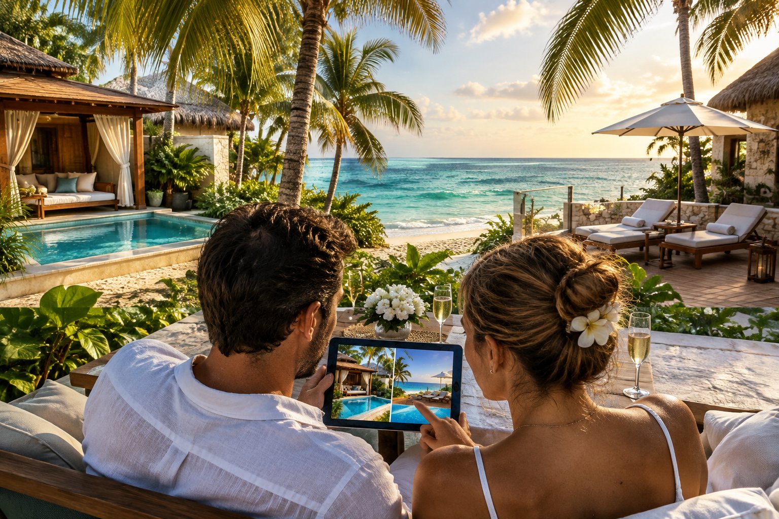 A couple compares beachfront resort options from a shaded terrace overlooking the Caribbean.