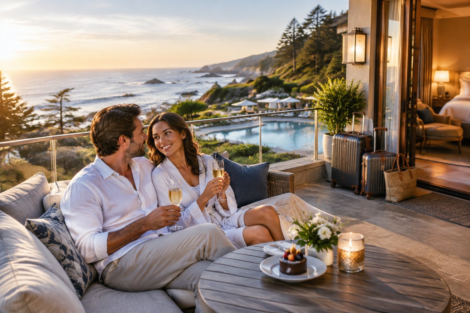 A newlywed couple relaxes together on a resort terrace overlooking the ocean.