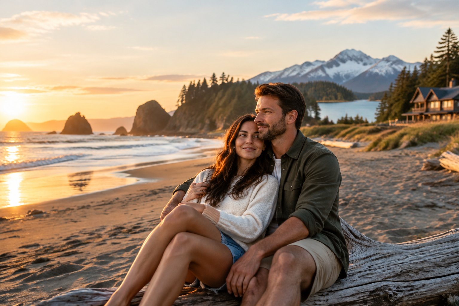 A newlywed couple shares a quiet moment on a scenic beach.