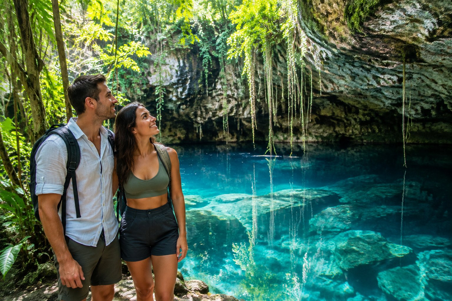 A couple explores a turquoise cenote surrounded by tropical jungle.