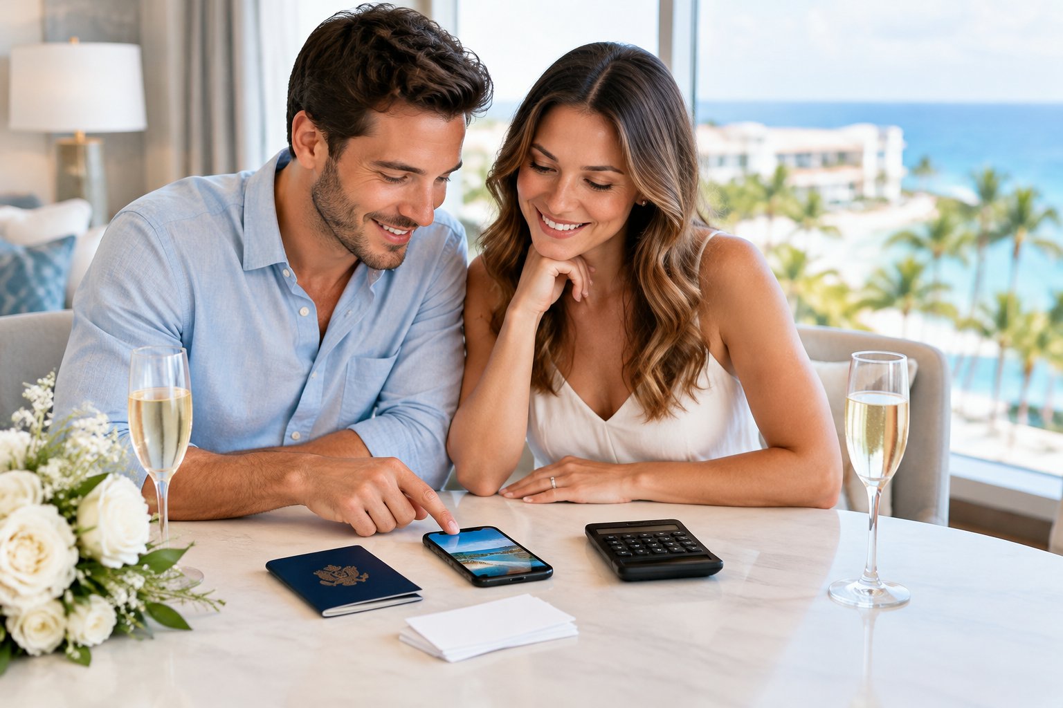 A newlywed couple compares travel plans at a desk beside a window overlooking a coastal resort.