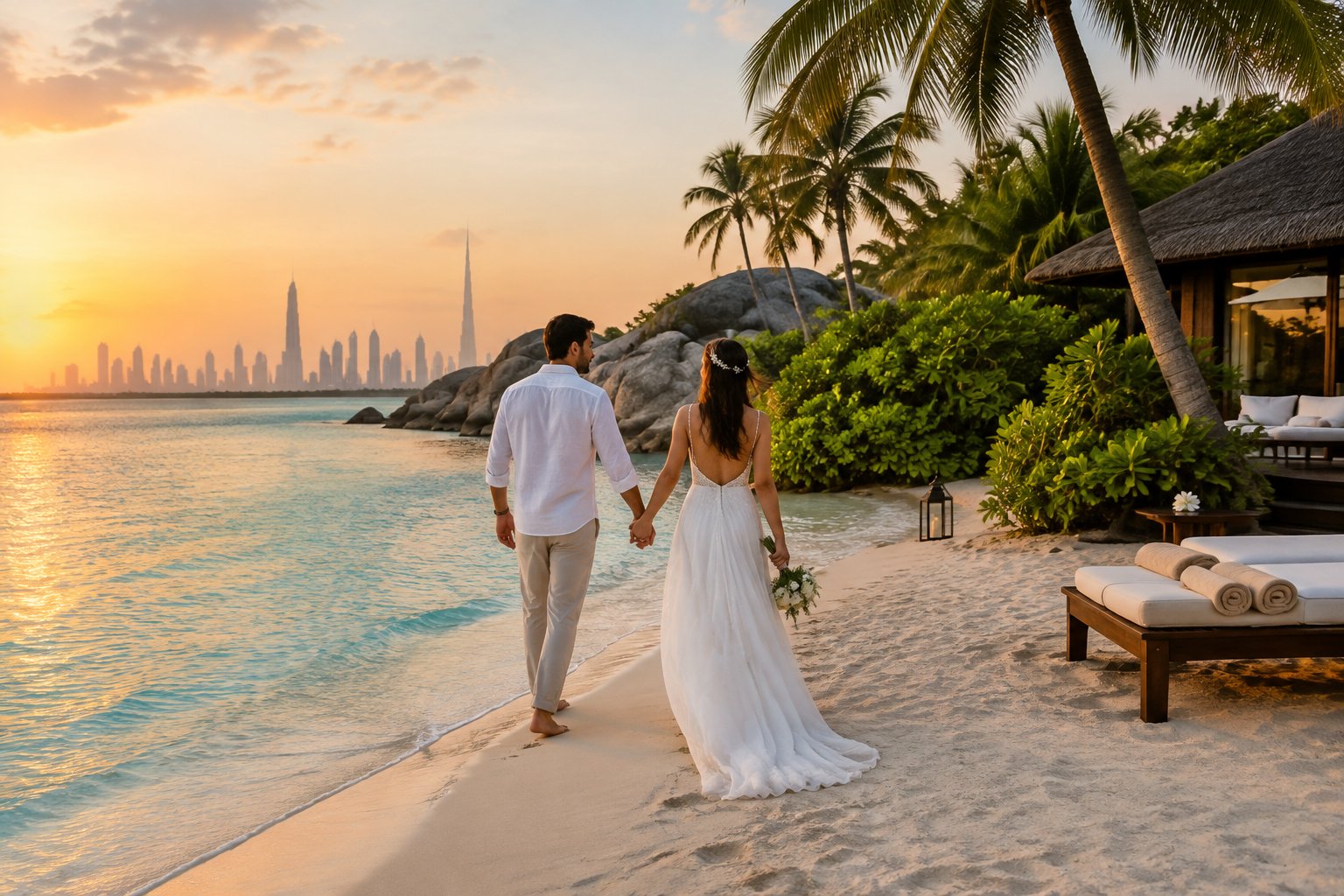 A newlywed couple walks hand in hand along a tropical beach with a distant city skyline.