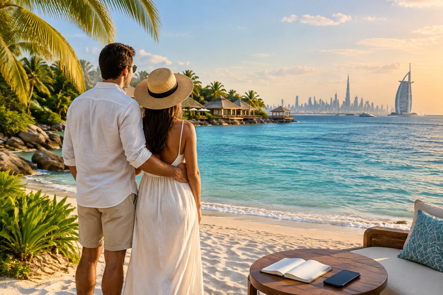 A couple stands on a tropical beach, with a modern skyline visible in the distance.