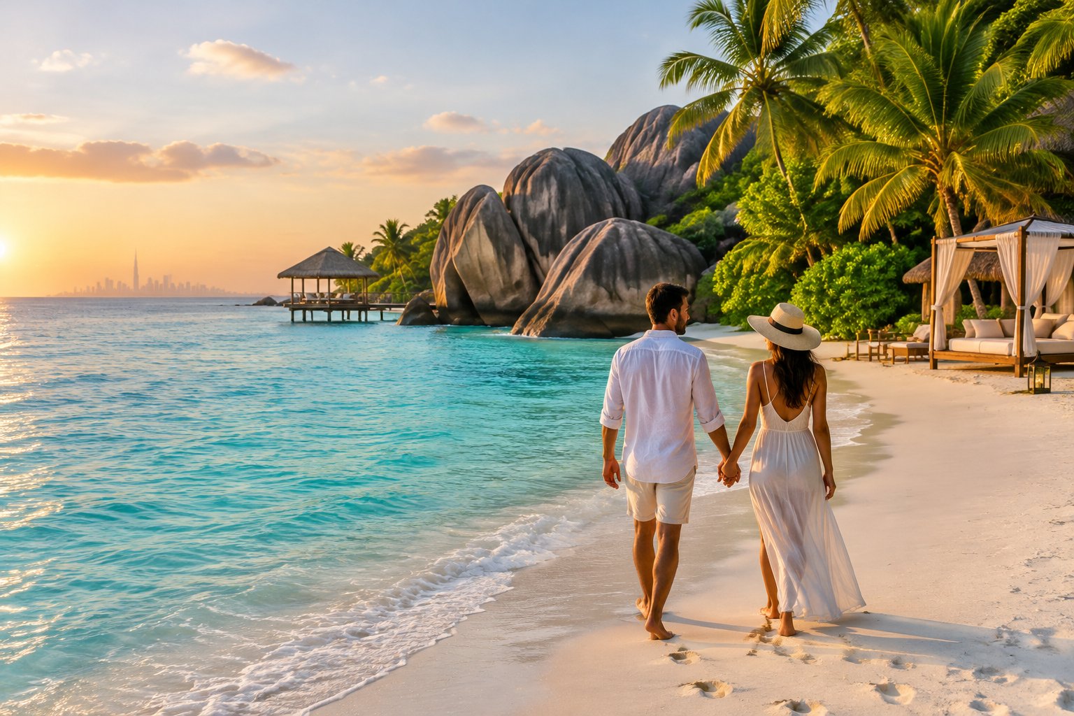 A couple walks hand in hand on a tropical beach in the Seychelles.