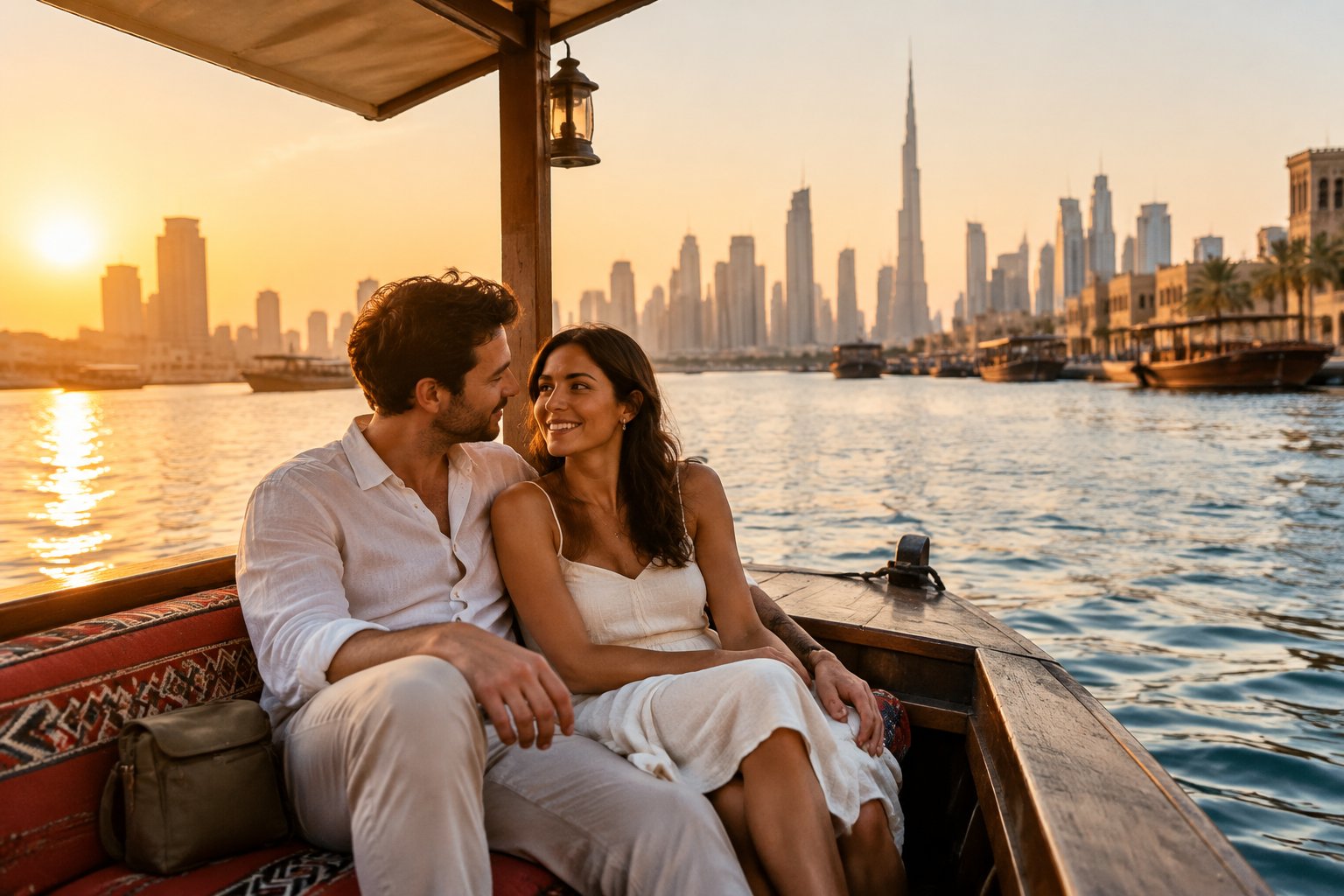 A newlywed couple rides an abra boat on Dubai Creek at sunset.