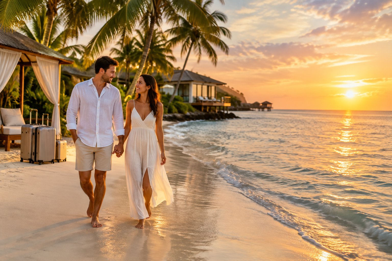 A newlywed couple walks hand in hand along a tropical beach near a resort.