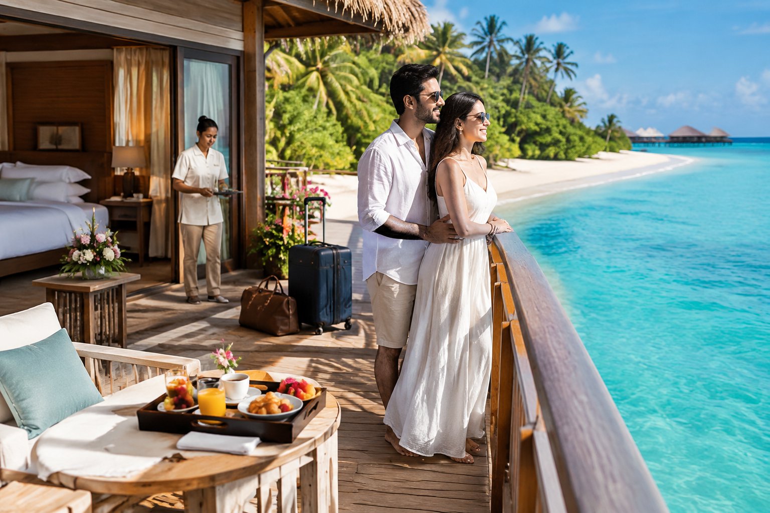 A newlywed couple enjoys a scenic beachfront resort with breakfast and travel bags nearby.