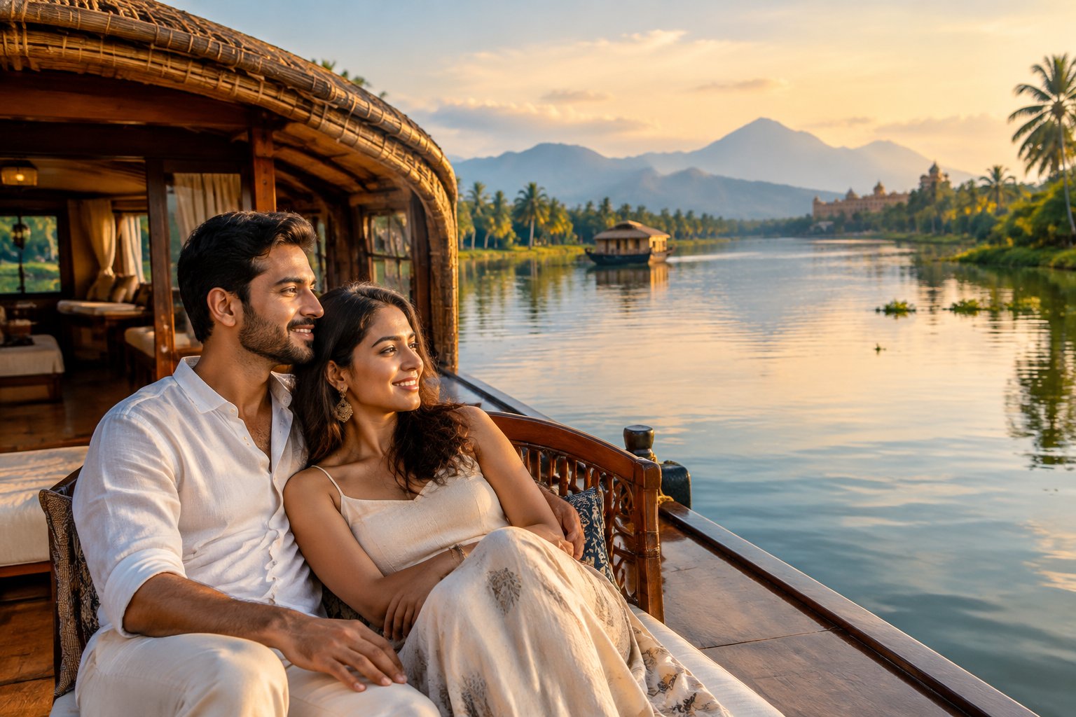 A newlywed couple enjoys a houseboat ride through Kerala’s palm-lined backwaters.