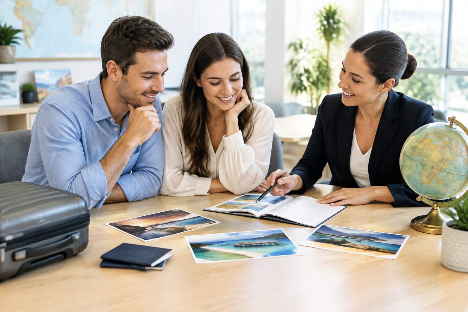A newlywed couple compares honeymoon travel options with a travel consultant.