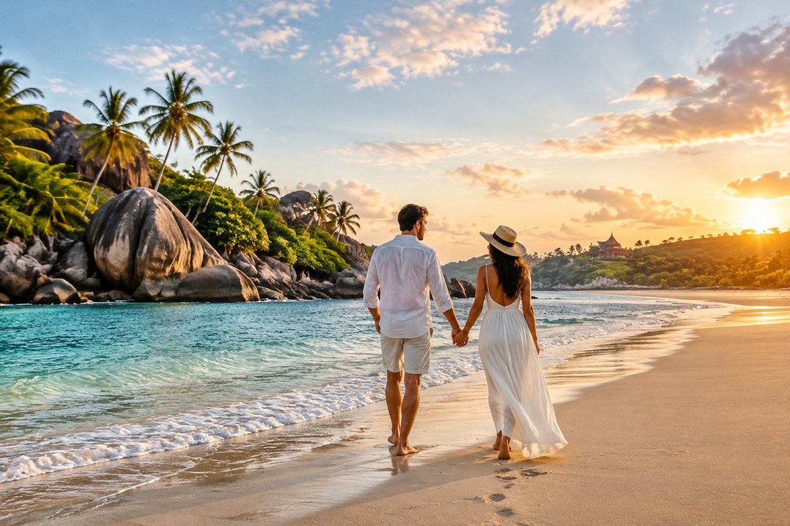 A newlywed couple walks hand in hand along a tropical beach.