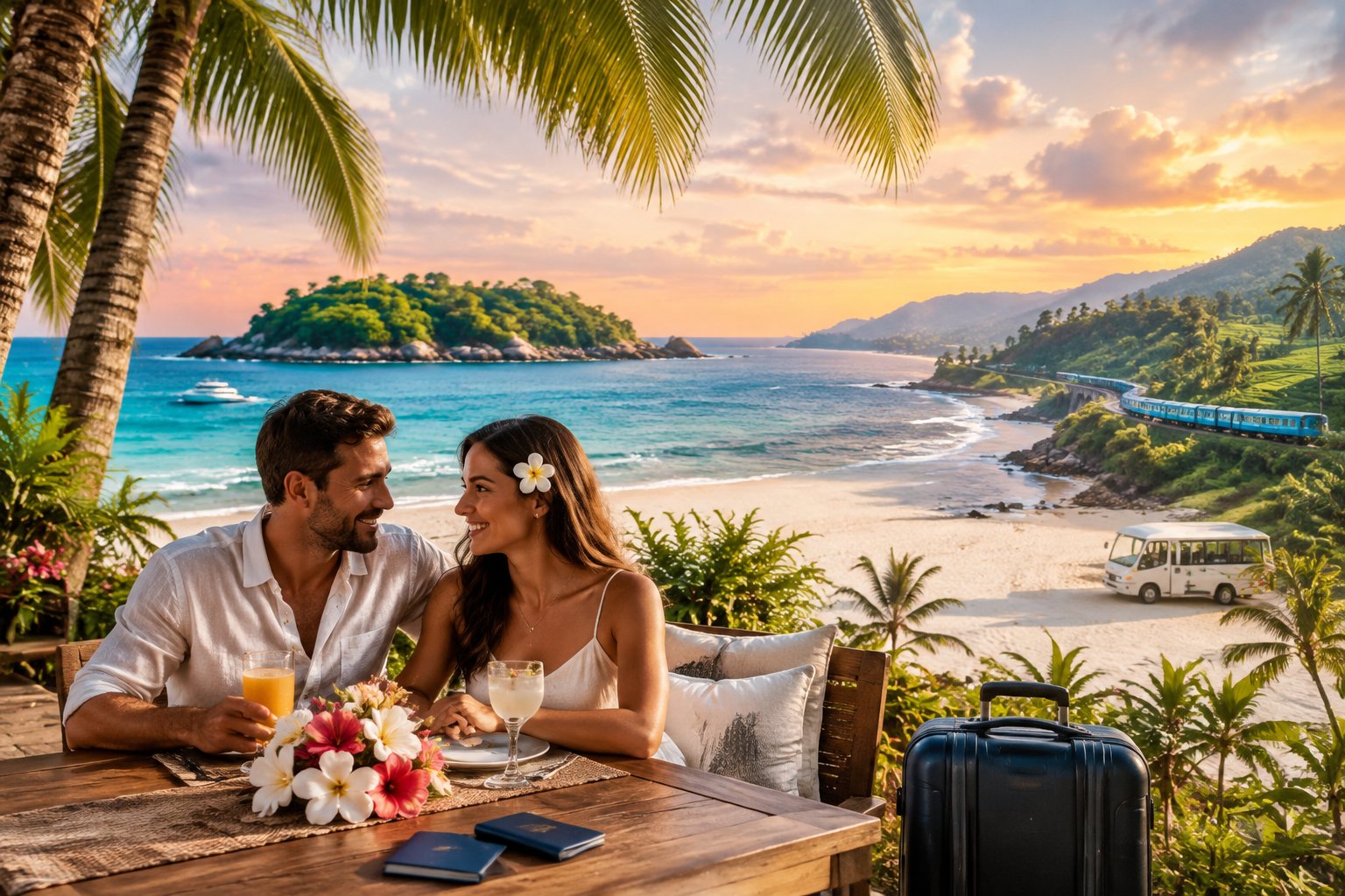A newlywed couple relaxes at a beachfront resort beside the turquoise ocean.