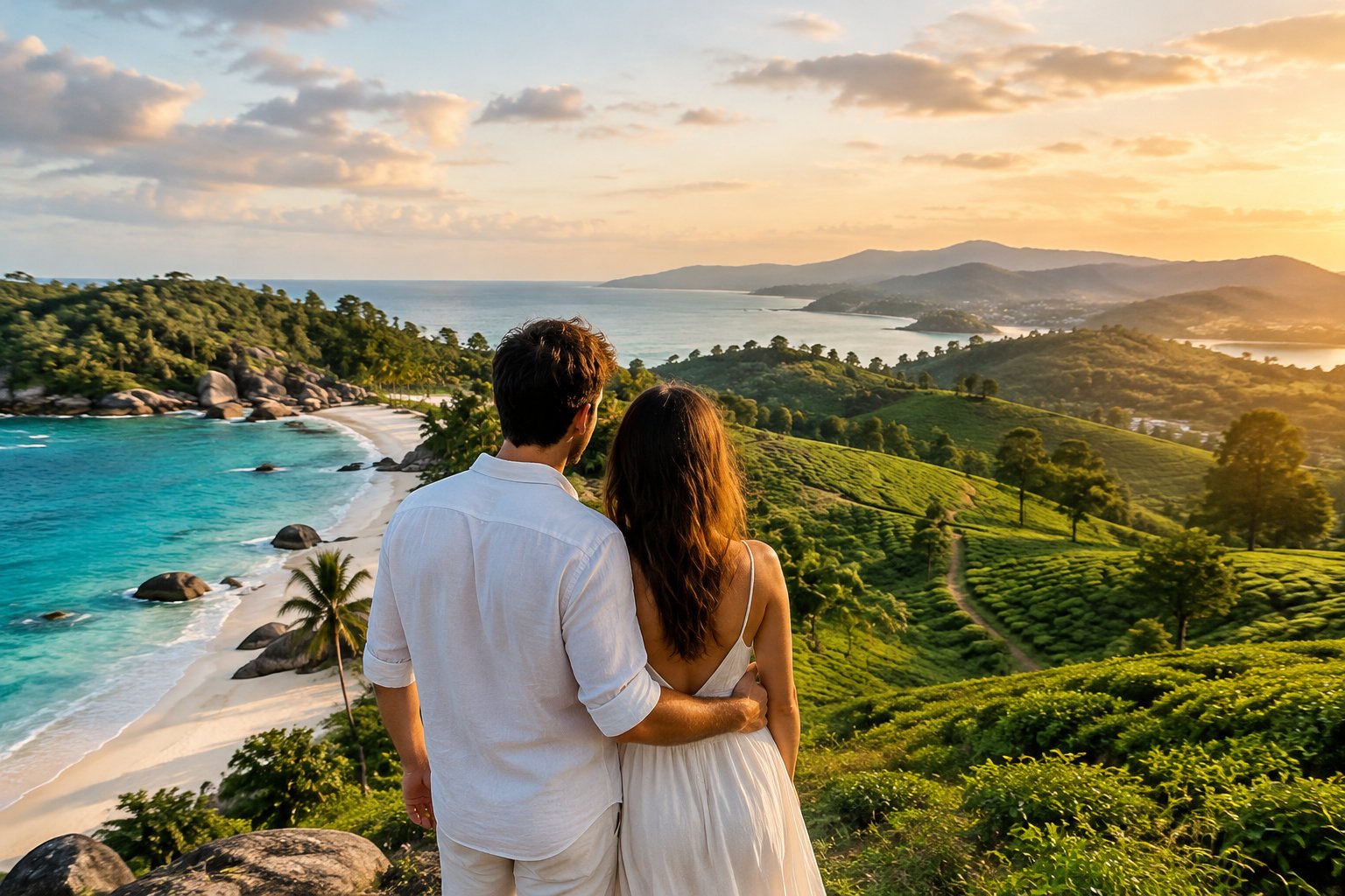 A couple looks out over a tropical beach and green hills.