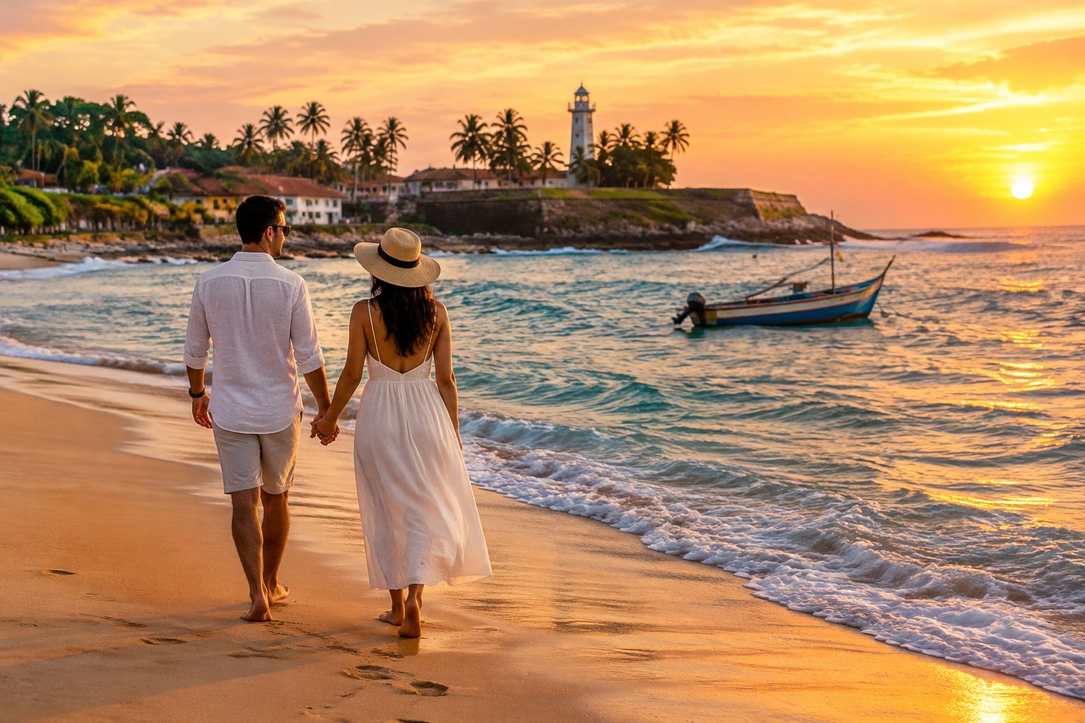 A couple walks hand in hand along a tropical Sri Lankan beach at sunset.