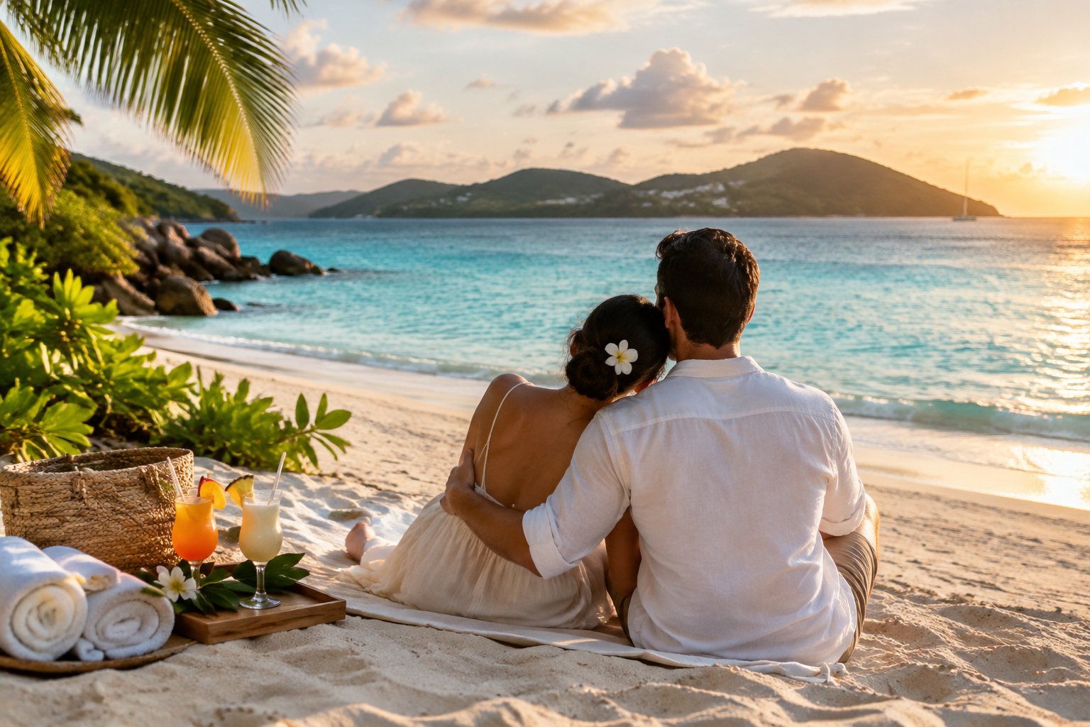 A couple embraces on a tropical beach overlooking turquoise water.