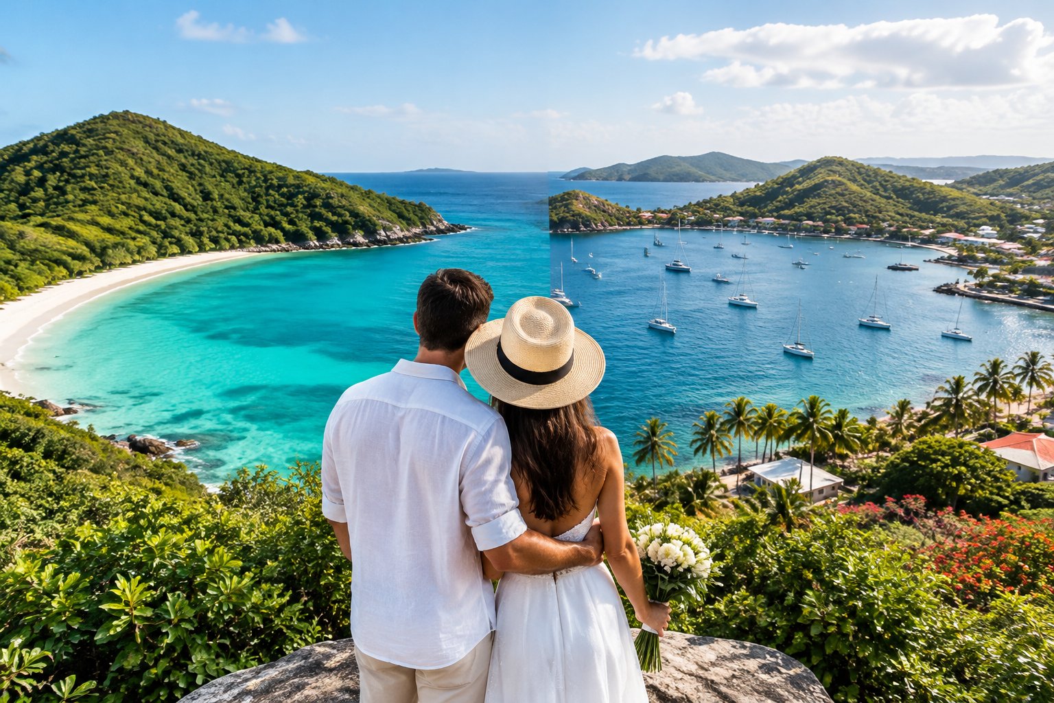 A newlywed couple looks out over two scenic Caribbean island coastlines.