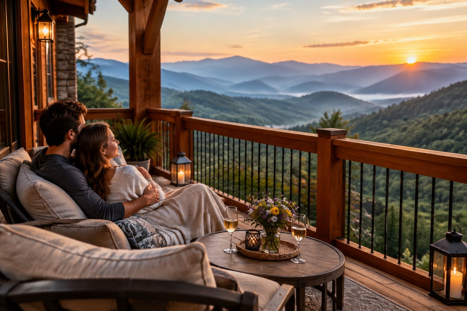 A newlywed couple relaxes on a cabin balcony overlooking the Smoky Mountains.