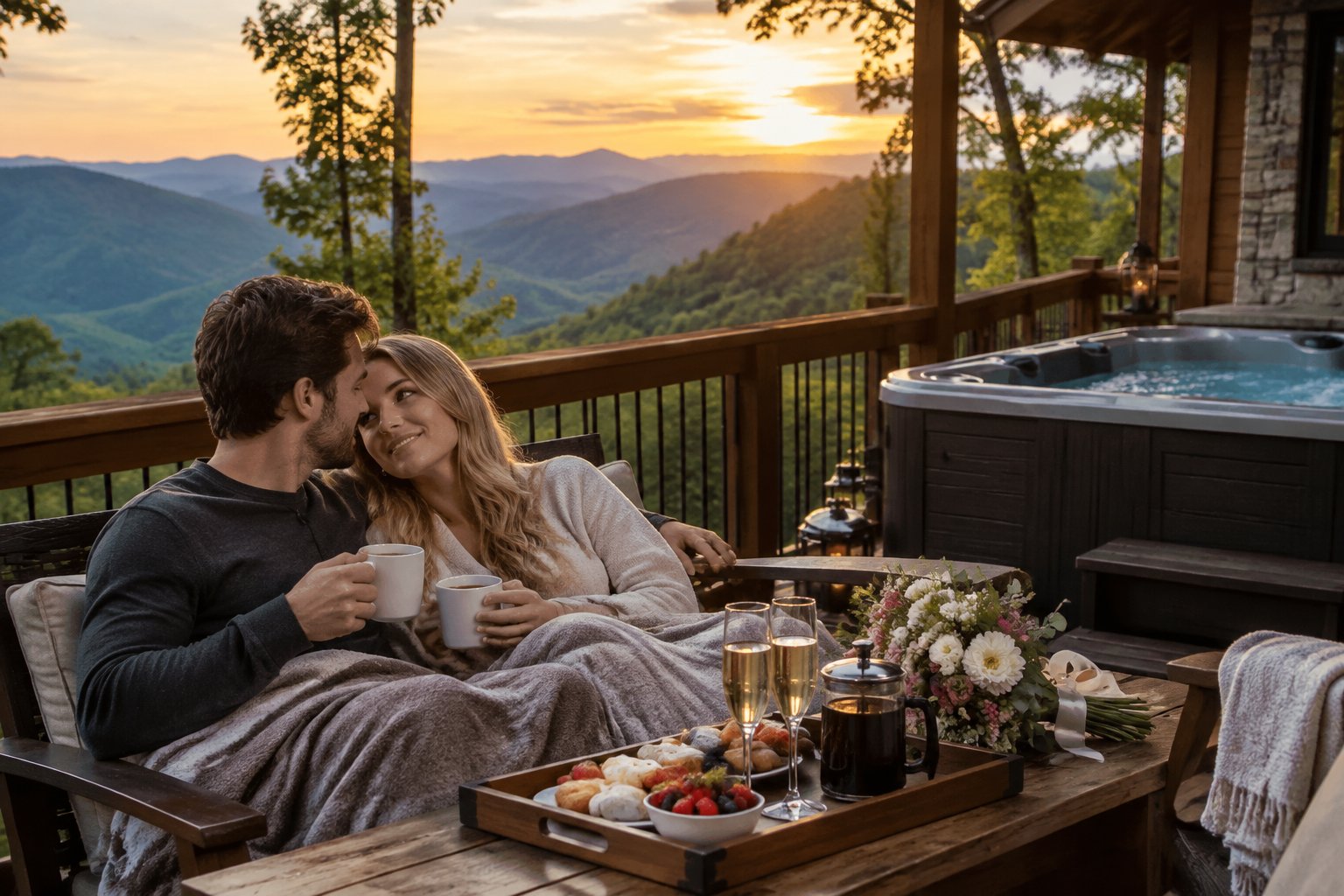 A newlywed couple relaxes on a cabin deck overlooking the Smoky Mountains.