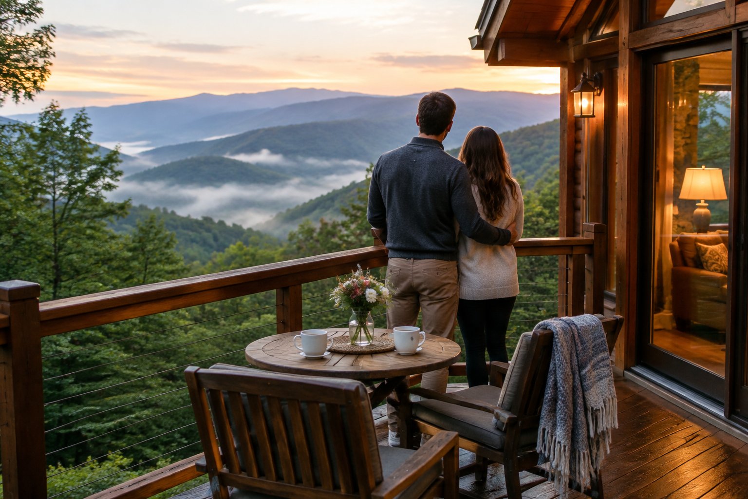 A couple stands on a cabin balcony overlooking misty Smoky Mountain ridges.
