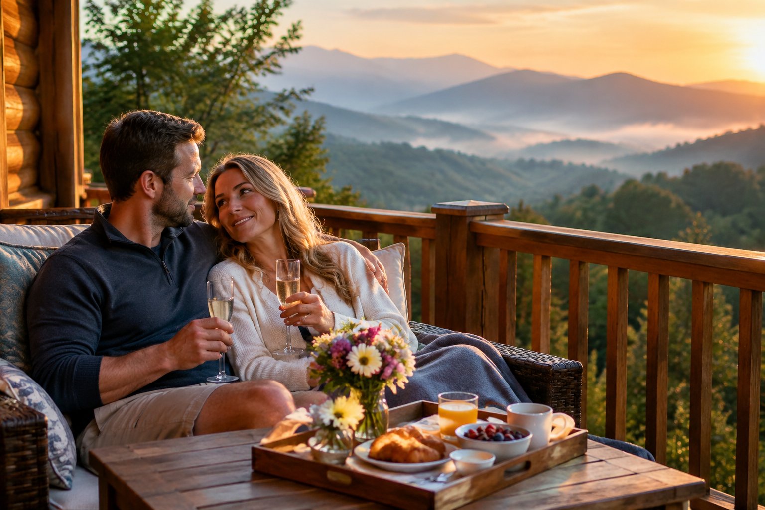 A couple shares a romantic moment on a cabin deck overlooking the Smoky Mountains.