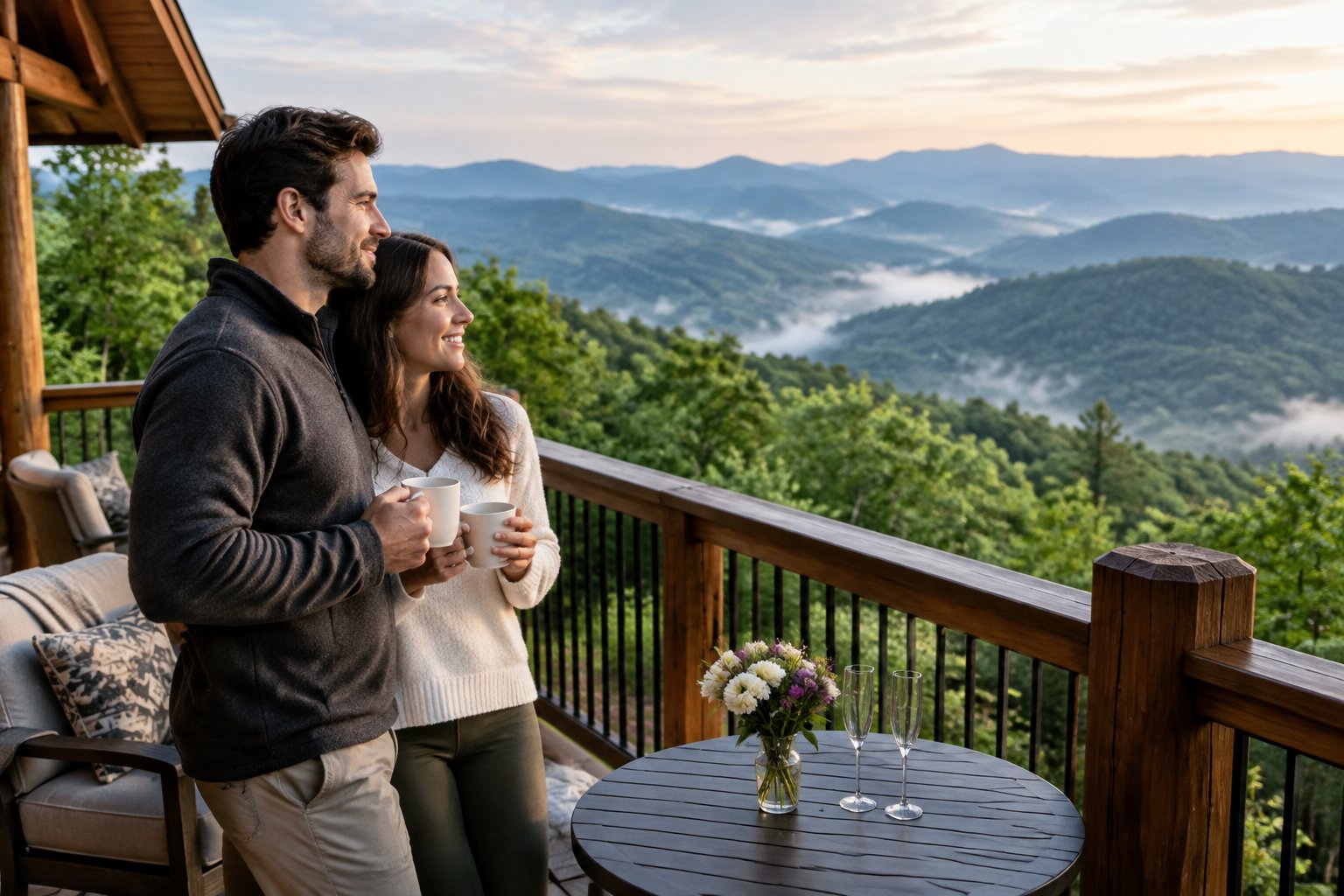 A couple shares a quiet moment on a cabin deck overlooking the Smoky Mountains.
