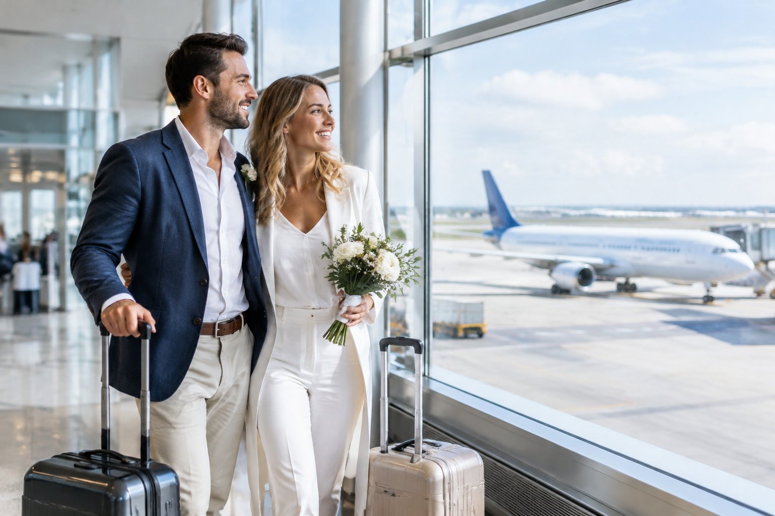 A newlywed couple with luggage watches an airplane from an airport terminal.