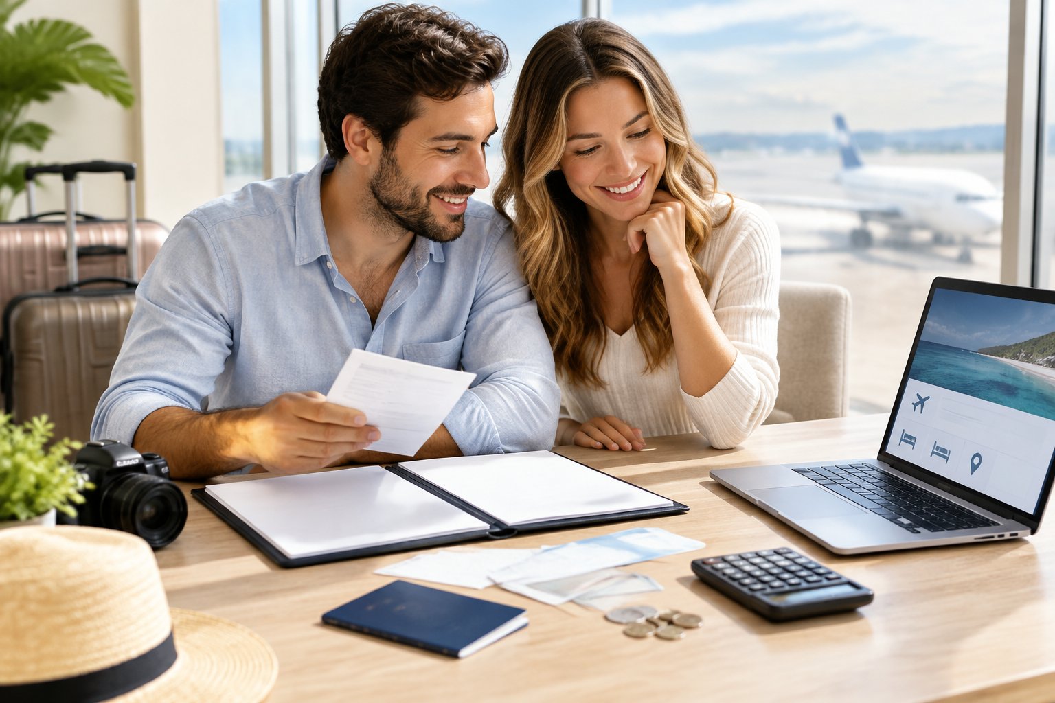 A couple reviews travel plans and budget items together at a desk.