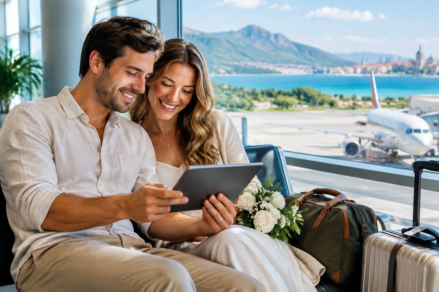 A newlywed couple plans a honeymoon beside an airport window overlooking a passenger airplane.