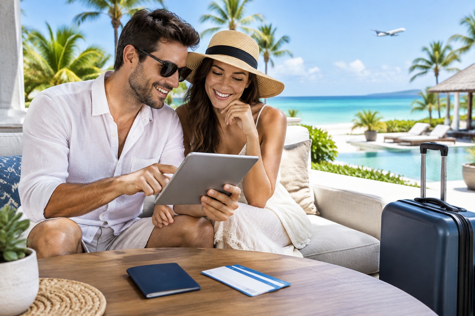 A couple compares travel options on a tablet at a tropical resort.