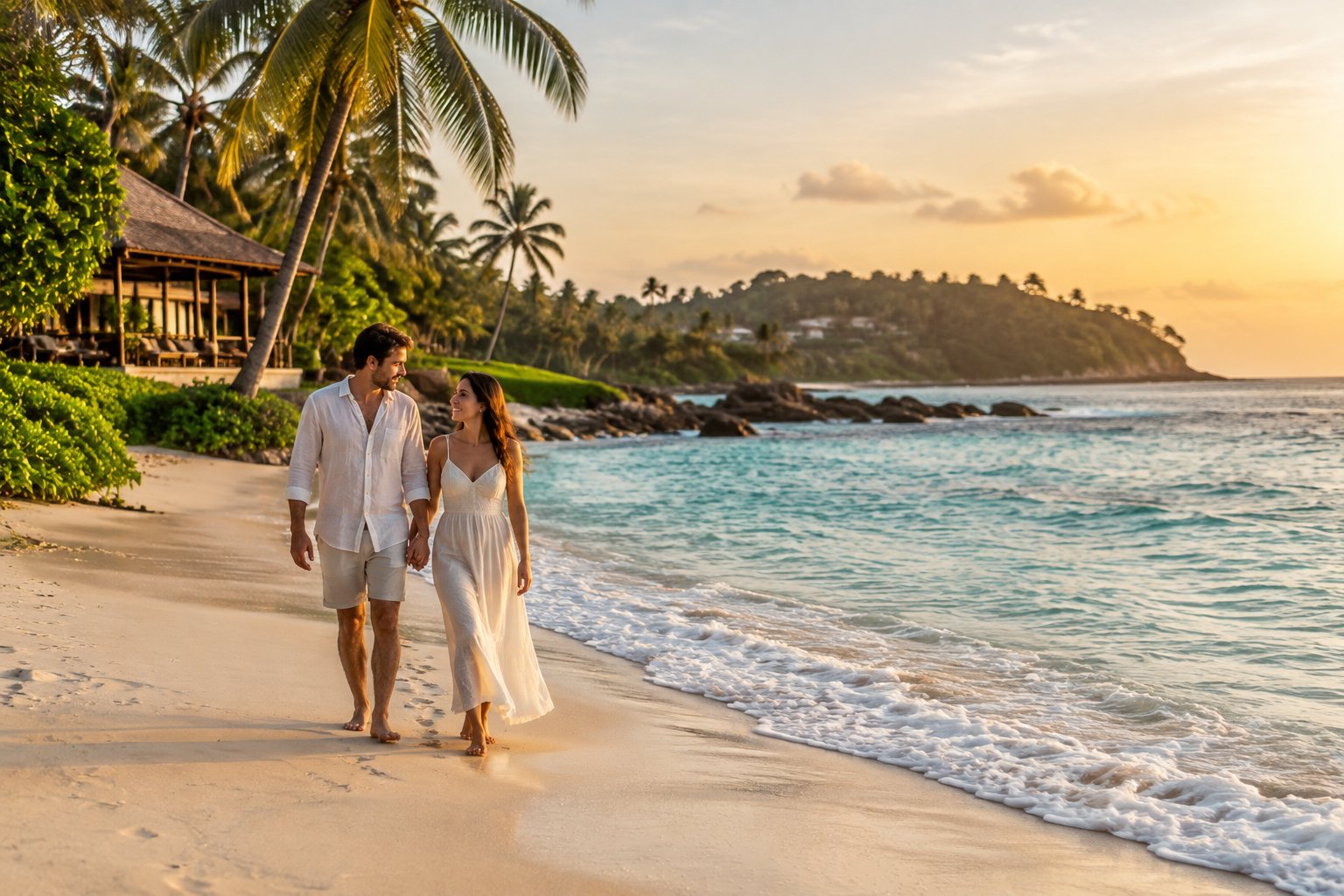 A couple walks hand in hand along a tropical beach in Sri Lanka.