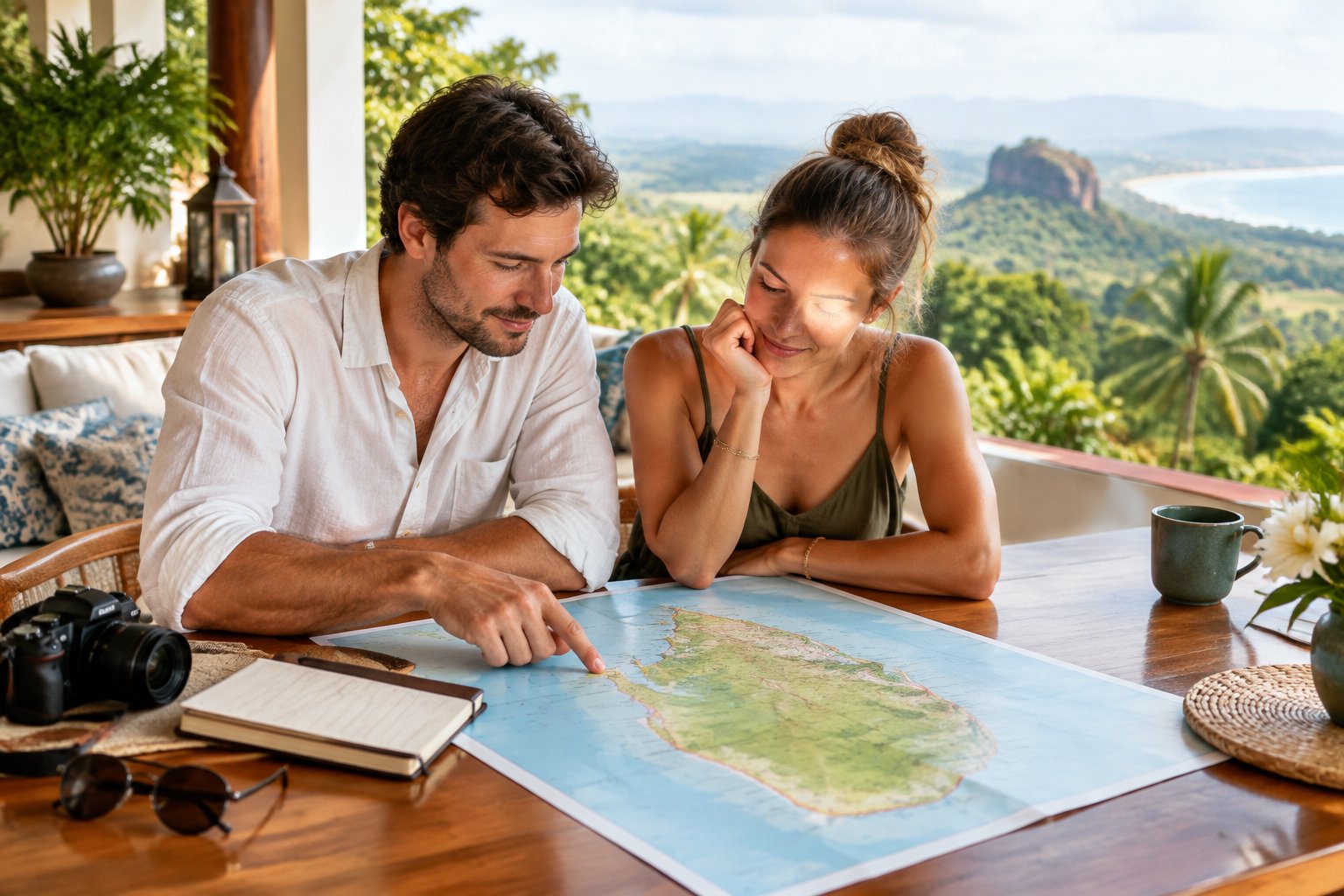 A couple plans a Sri Lanka honeymoon together using a map at a sunny table.
