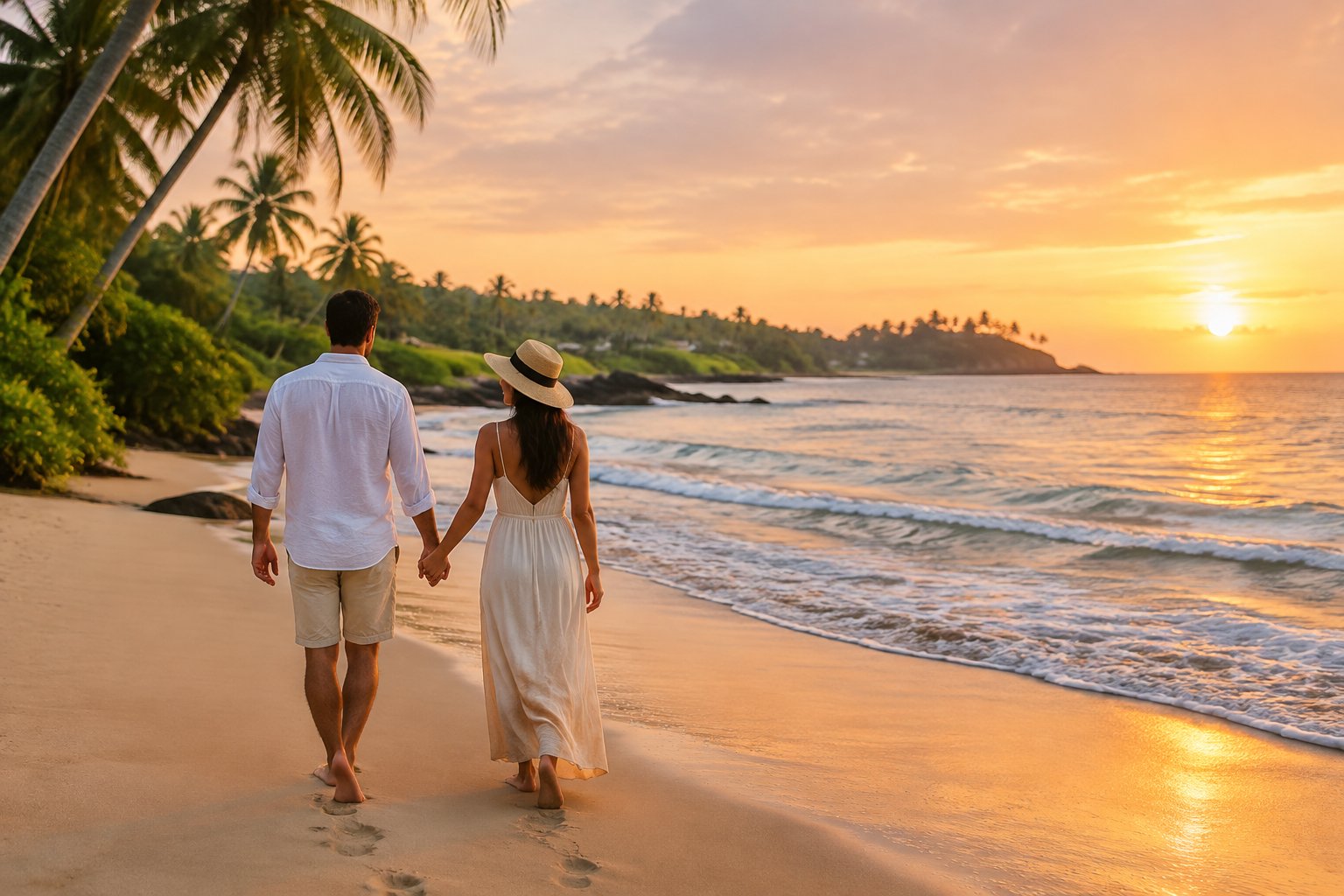 A couple walks hand in hand along a palm-lined beach in Sri Lanka.