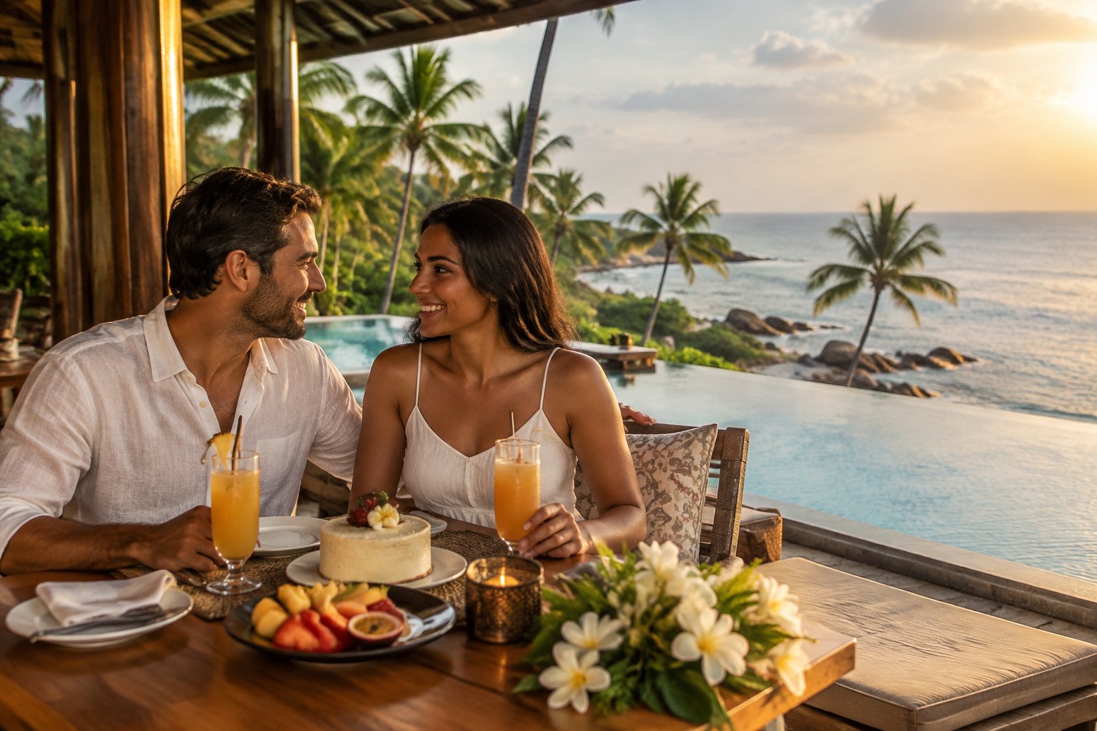 A newlywed couple shares a meal on a tropical resort terrace overlooking the ocean.
