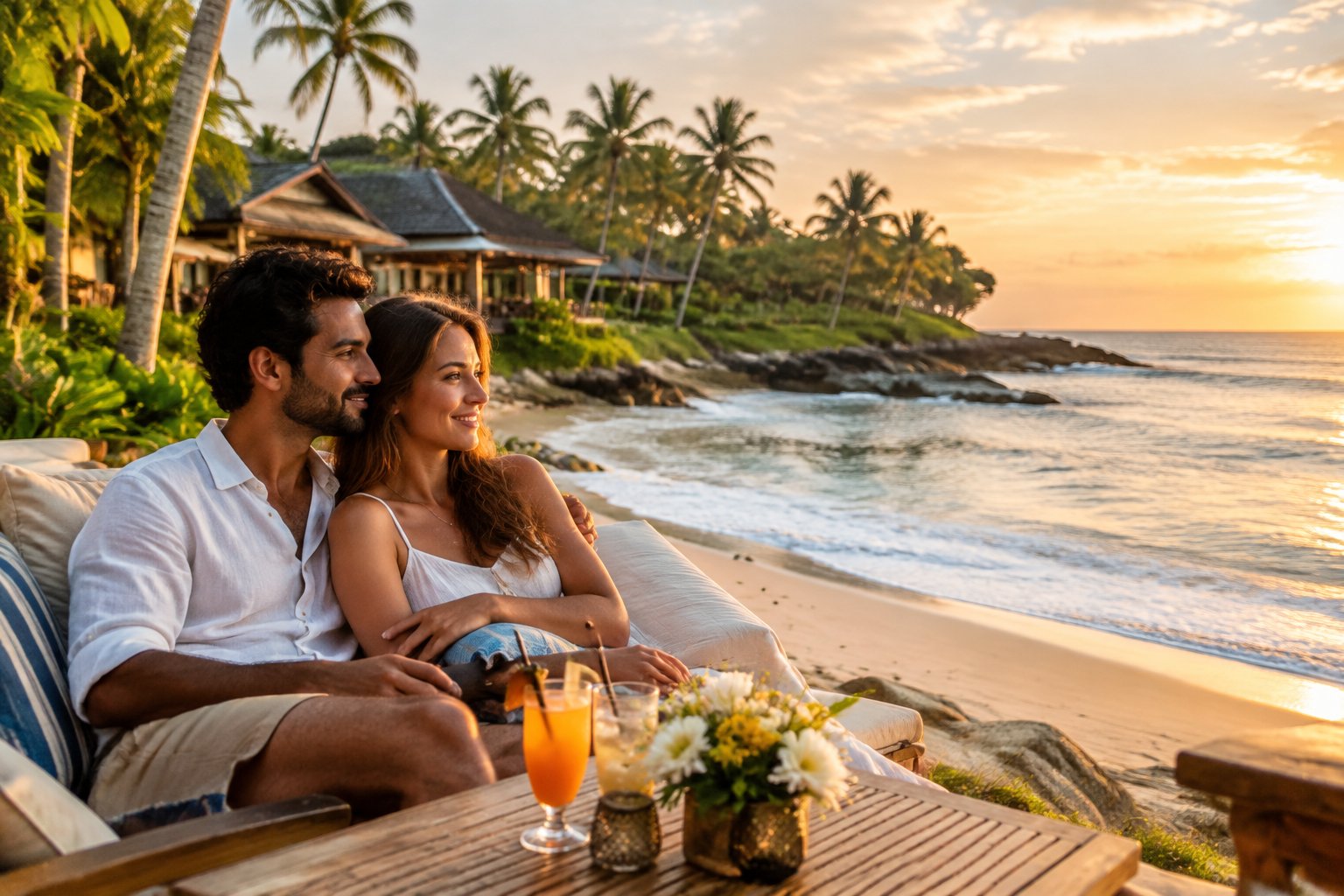 A newlywed couple shares a quiet moment on a tropical beach in Sri Lanka.