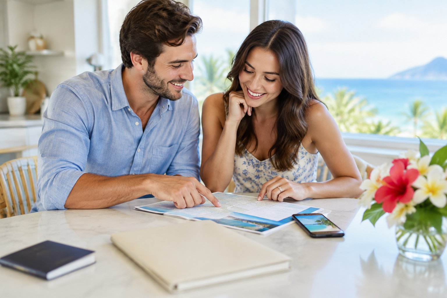 A newlywed couple reviews travel papers together at a table.