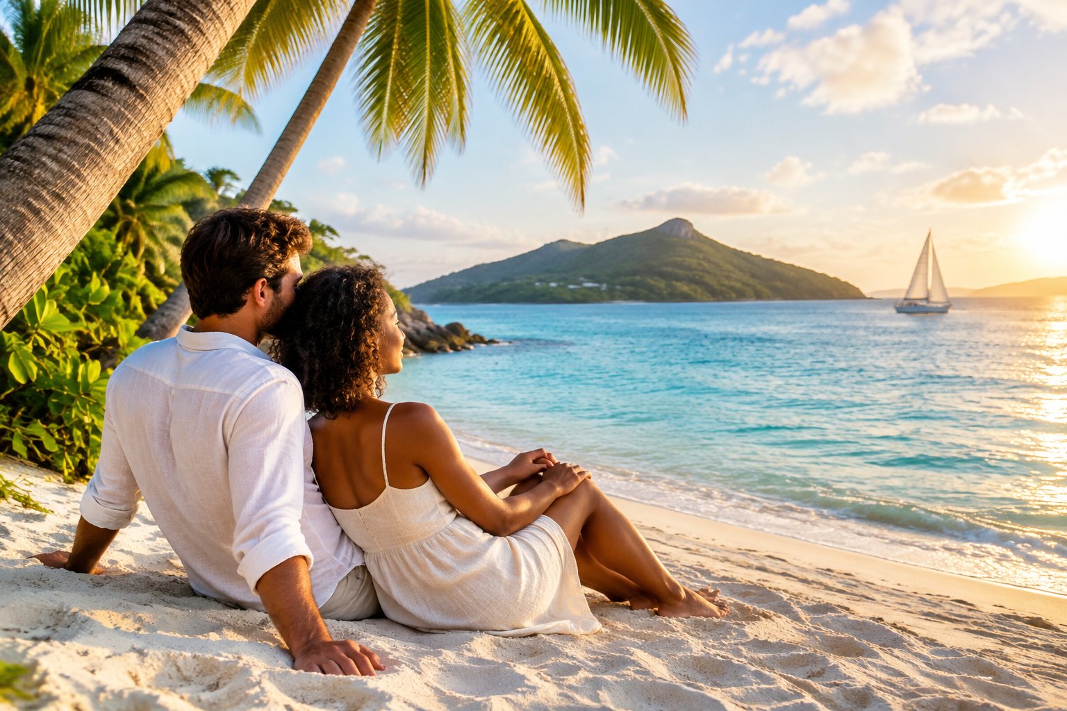 A newlywed couple sits together on a tropical beach overlooking turquoise Caribbean water.