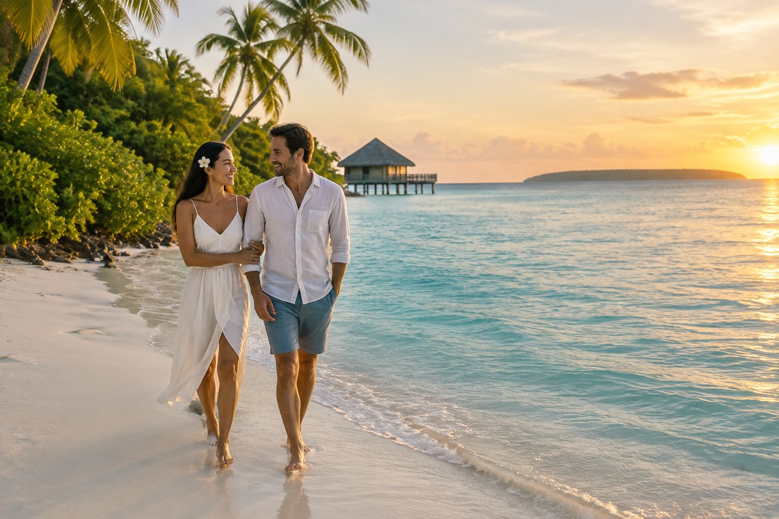 A couple walks together along a tropical beach beside clear turquoise water.