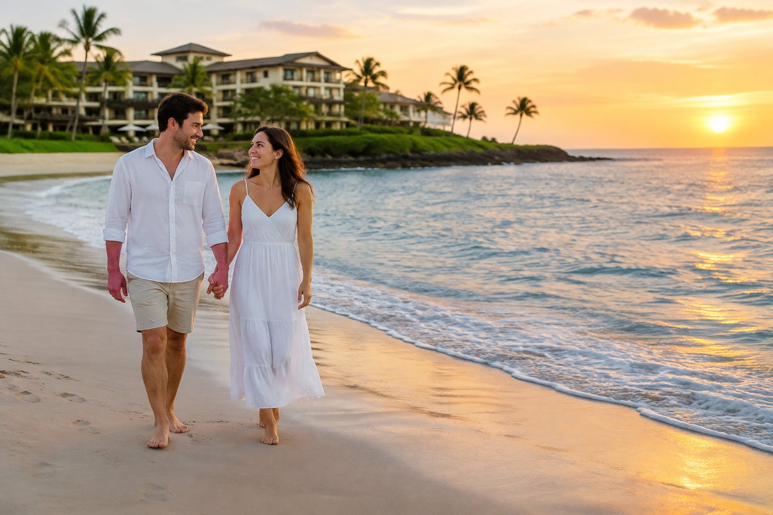 A newlywed couple strolls hand in hand along a beach beside a resort.