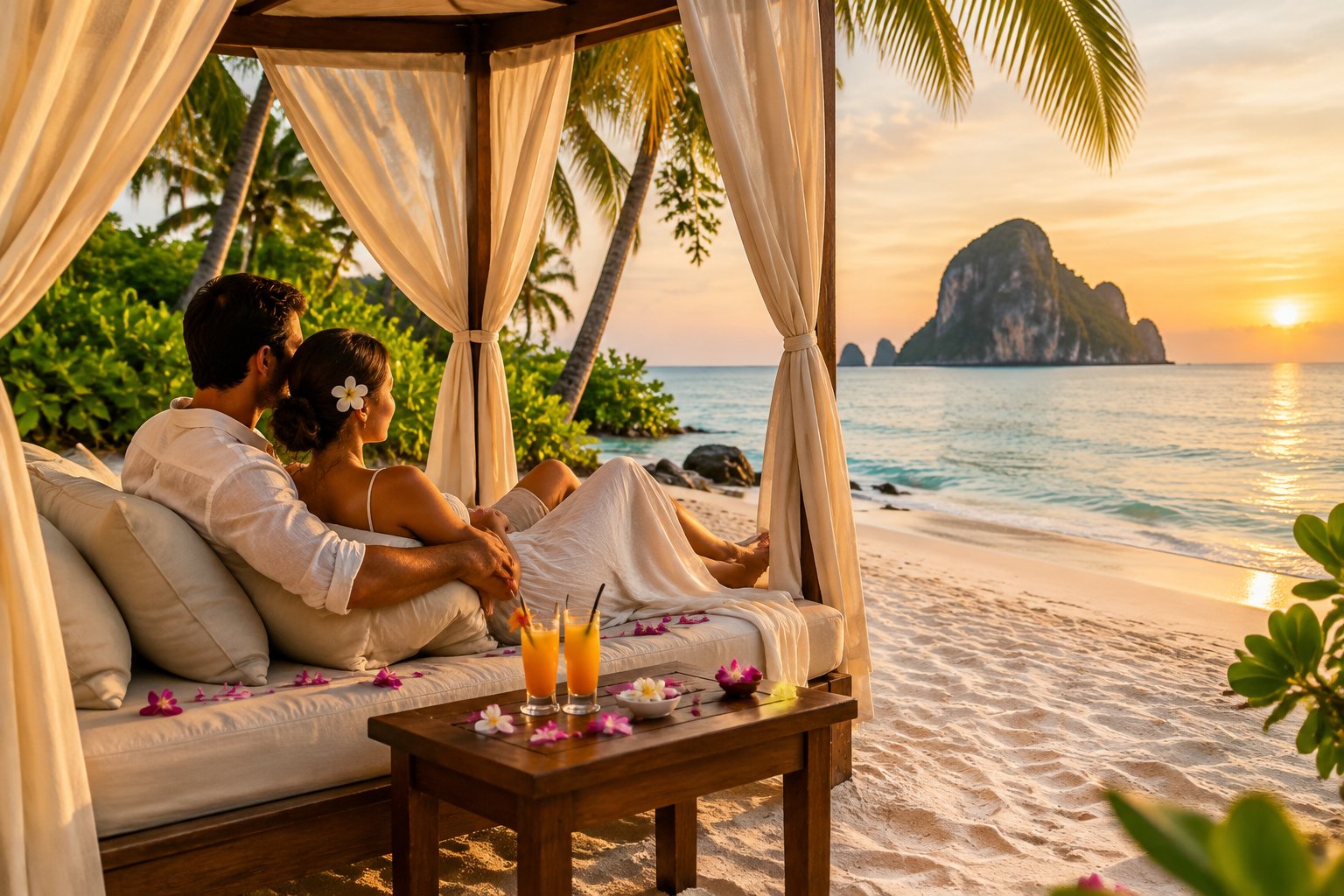 A newlywed couple relaxes together beneath a beach canopy beside the turquoise sea in Thailand.