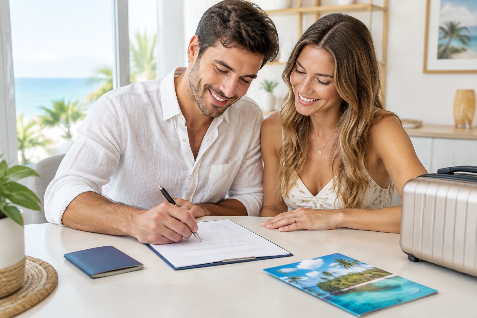 A newlywed couple signs travel paperwork together at a desk.